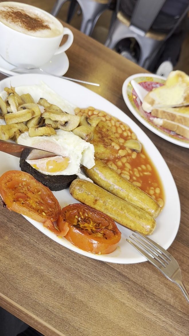 Fried egg breakfast with the counter behind