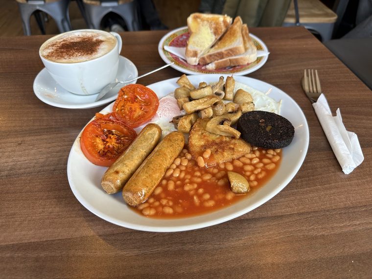 Full English breakfast with fried bread, beans, black pudding and mushrooms