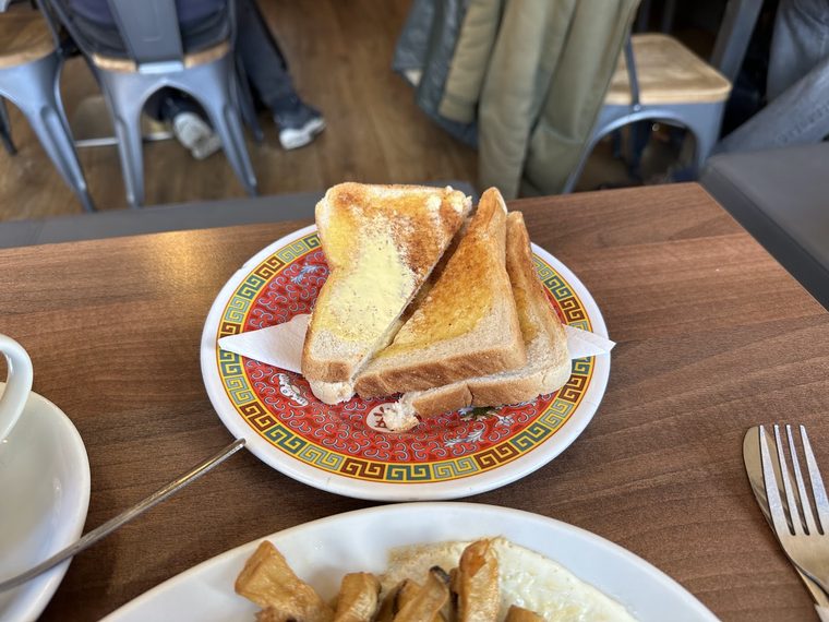 Fried bread and egg plate with toast and cappuccino